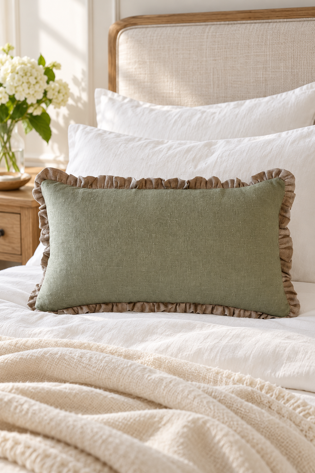 A sage green linen lumbar pillow with a brown ruffled border, styled on a bed with white pillows and a cream blanket in a softly lit bedroom.
