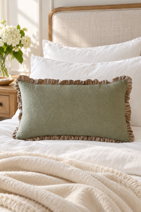 A sage green linen lumbar pillow with a brown ruffled border, styled on a bed with white pillows and a cream blanket in a softly lit bedroom.