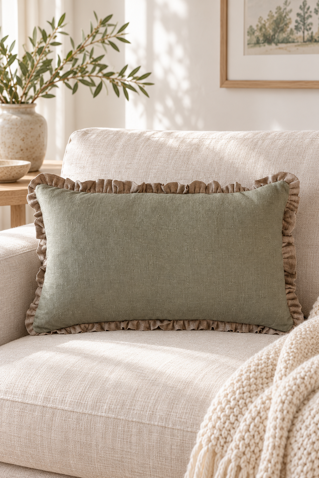 A rectangular sage green linen pillow with a ruffled beige border, styled on a cream-colored sofa in a warm, sunlit living room setting.