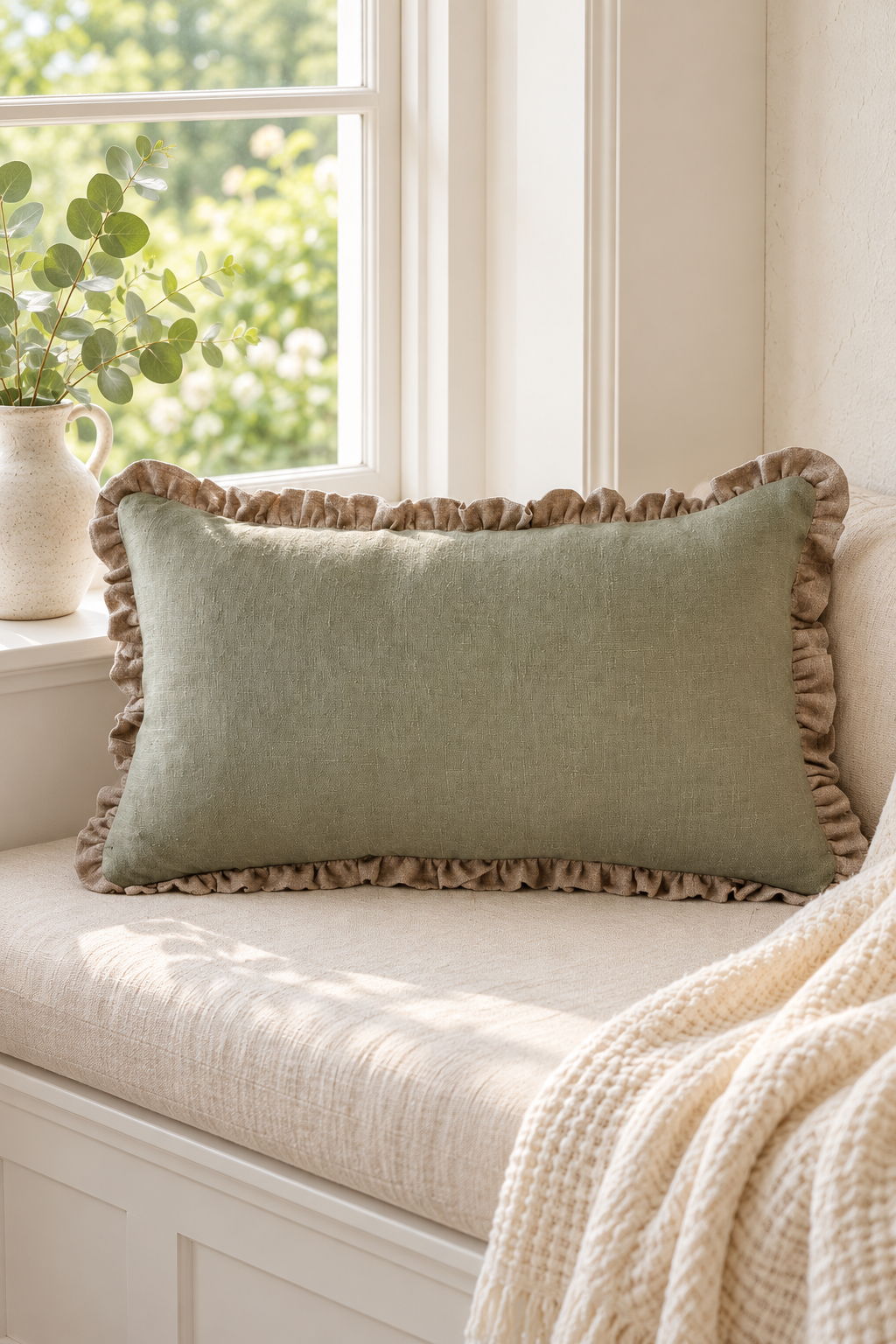 A rectangular sage green linen pillow with ruffled trim rests on a cream-colored window seat cushion, with a cream knit blanket draped over the side and a bright window in the background.
