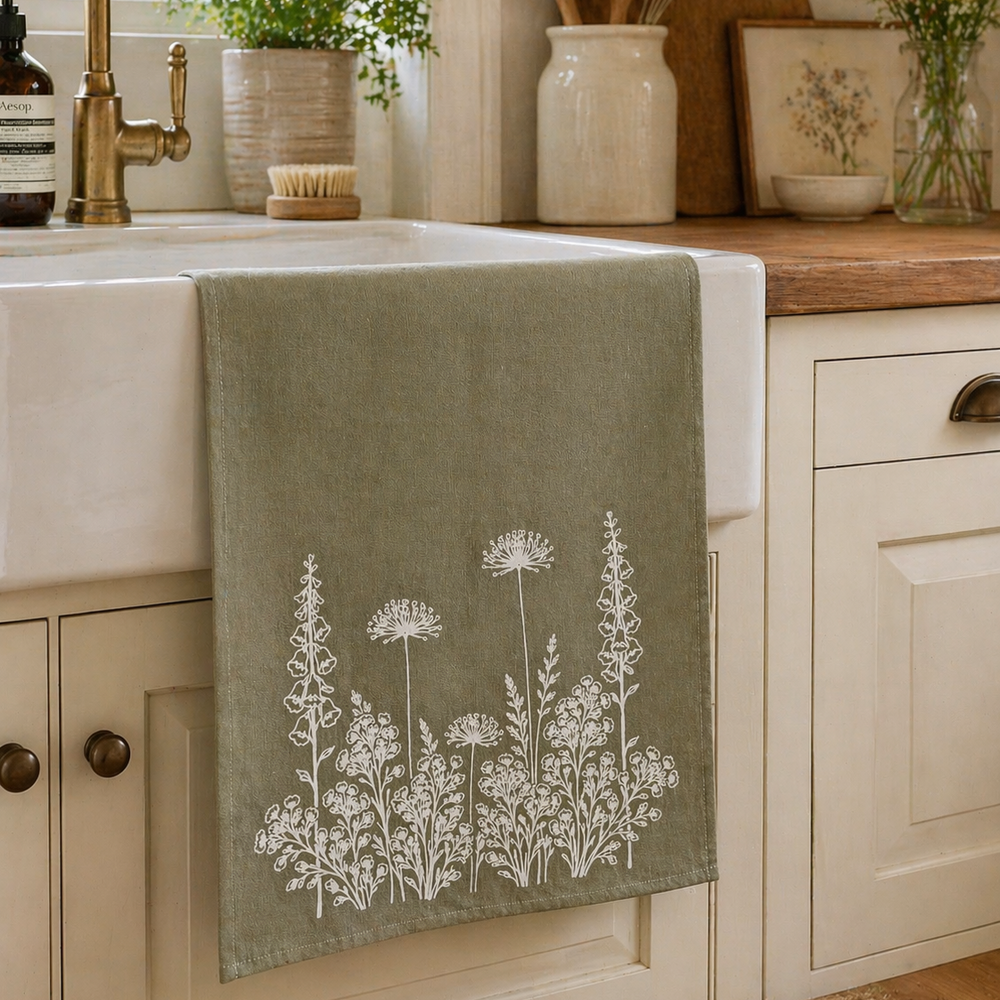 Kitchen sink area with a sage green linen tea towel featuring white floral design, potted plants, and kitchen utensils.