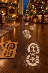 Snowy Santa boot footprints leading towards Christmas presents and a decorated tree, with the wooden stencil pair beside them.