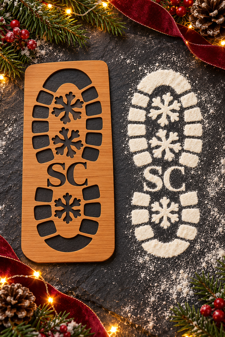 Wooden Santa boot stencil beside its matching white footprint, showing the snowflake tread and SC detail.