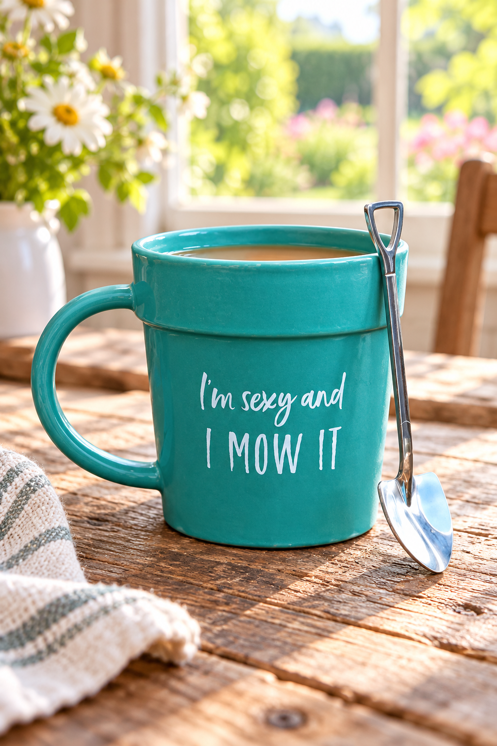 Teal I’m sexy and I mow it mug with shovel spoon on a breakfast table