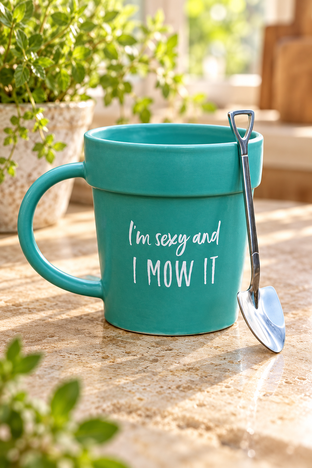 Close-up of I’m sexy and I mow it mug and steel shovel spoon