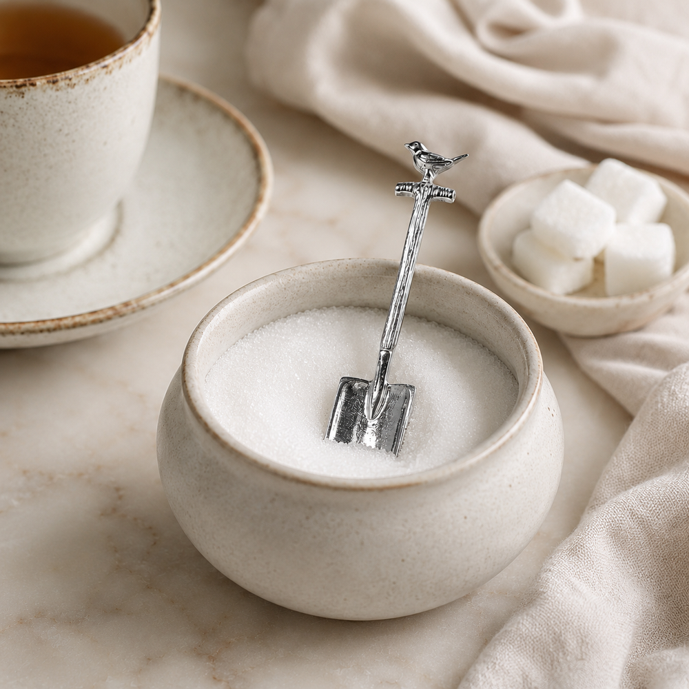 silver Sugar spoon spade with a robin on the handle.  