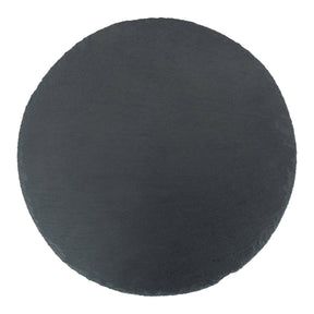 Black round slate placemat on a white background
