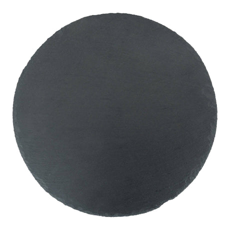 Black round slate placemat on a white background