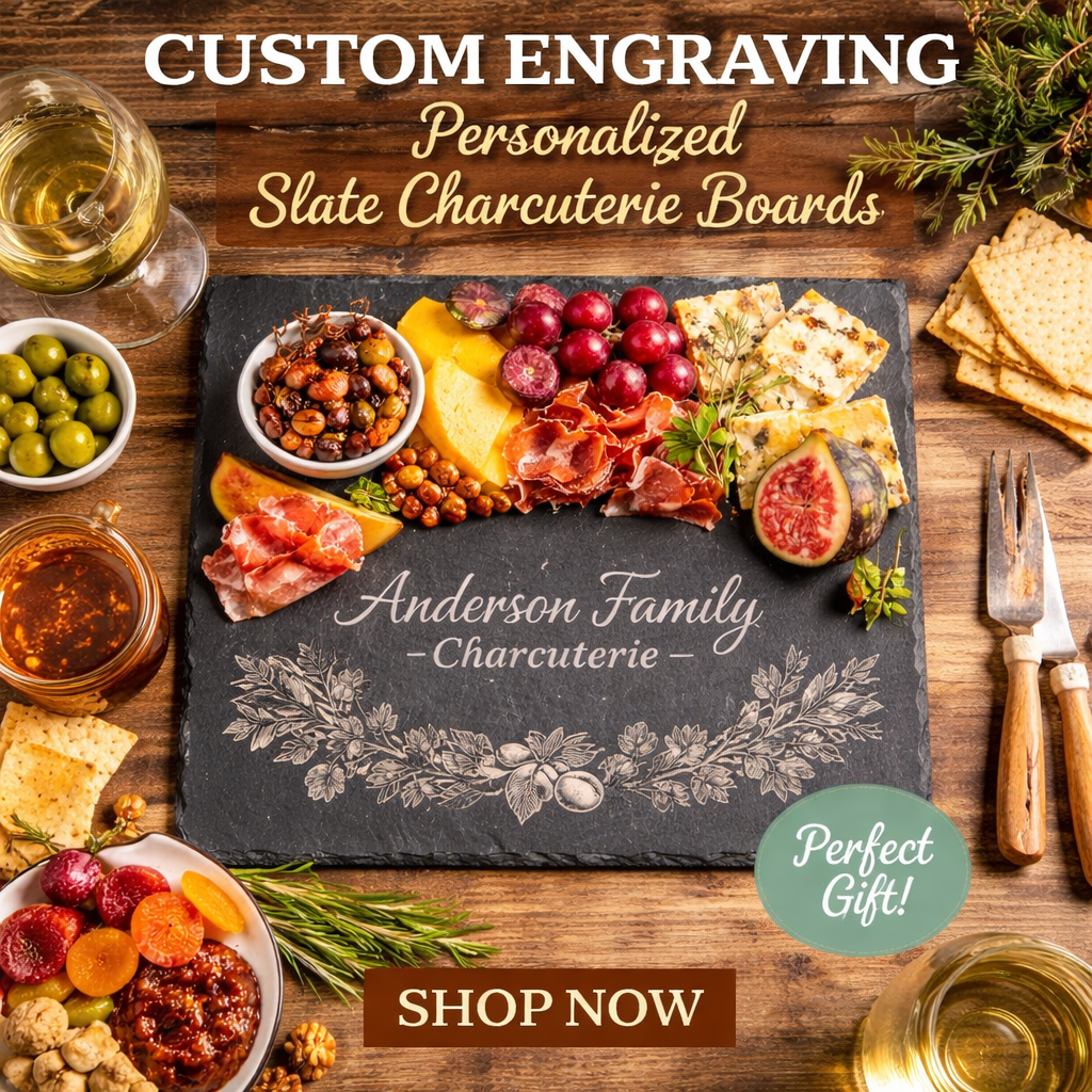 Personalized slate charcuterie board with food items and 'Anderson Family Charcuterie' engraving on a wooden surface.