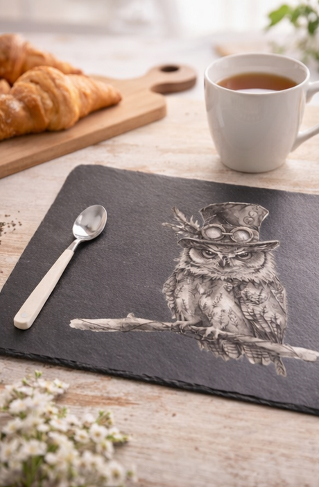 Slate placemat with owl design on a wooden table with a cup of tea and croissants.