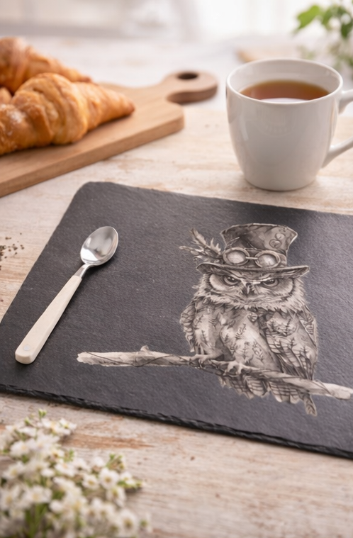 Slate placemat with owl design on a wooden table with a cup of tea and croissants.