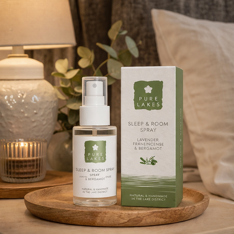 Pure lakes room spray on wooden tray
