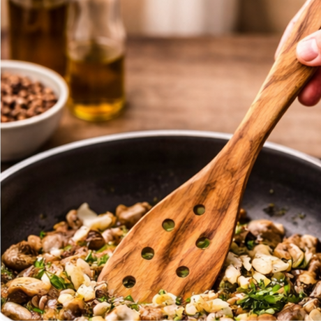 Wooden spoon stirring food in a pan with ingredients and oil bottles in the background