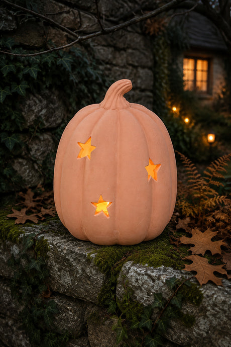 An terracotta pumpkin sits on a mossy stone wall outdoors at dusk, with three star-shaped cutouts glowing warm yellow from internal lights. Ivy, fallen leaves, and a stone building with a lit window are visible in the background.