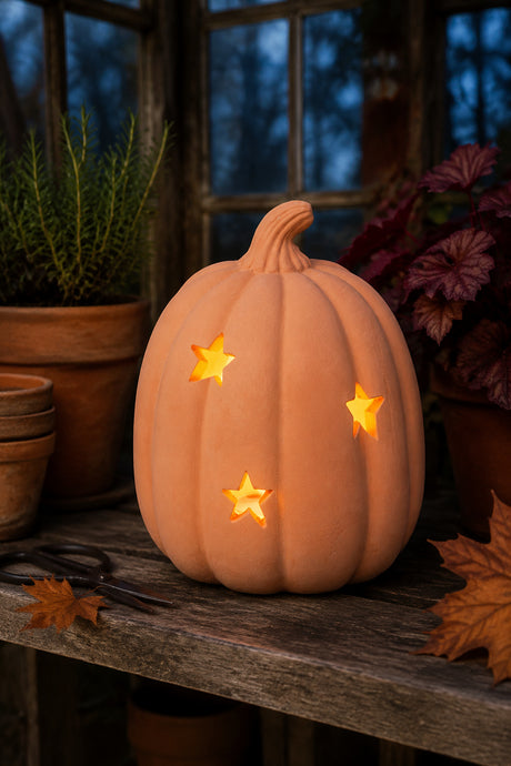 An terracotta decorative pumpkin with three glowing star-shaped lights inside, displayed on a rustic wooden table with potted plants and autumn leaves in the background.