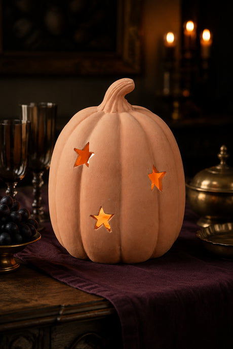 A decorative terracotta pumpkin-shaped light with three star-shaped cutouts, glowing warmly on a dark tablecloth with candles and dining props in the background.