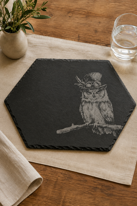 Hexagonal black slate placemat featuring a detailed illustration of an owl wearing round glasses and a top hat, displayed on a beige linen runner over a wooden table with a glass of water and a small plant.