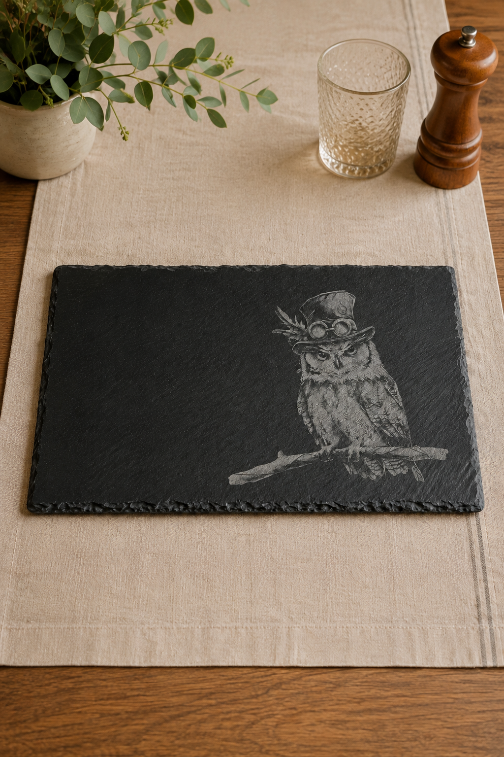 A rectangular black slate placemat with a carved steam punk owl design, displayed on a beige linen placemat on a wooden table with a glass, pepper mill, and plant.