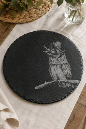 A round black slate placemat featuring a detailed white engraving of an owl wearing a top hat and goggles, resting on a beige linen tablecloth with rustic decorative props.