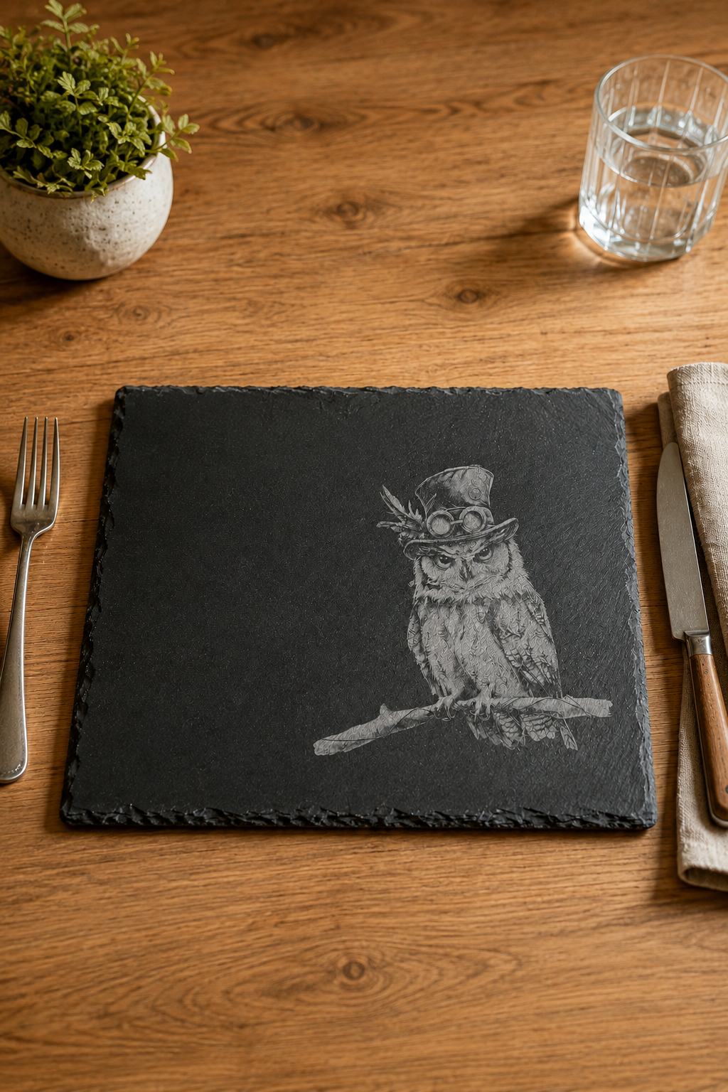 A rectangular black slate placemat featuring a detailed gray engraving of an owl wearing a top hat, displayed on a wooden table with a fork, knife, glass of water, and a small potted plant.