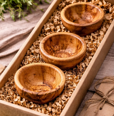 Three wooden bowls in a box with shredded paper on a rustic background