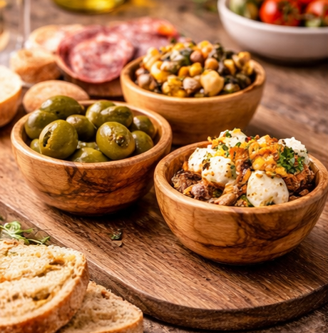 Assorted tapas including olives, small salads, and bread on a wooden board.
