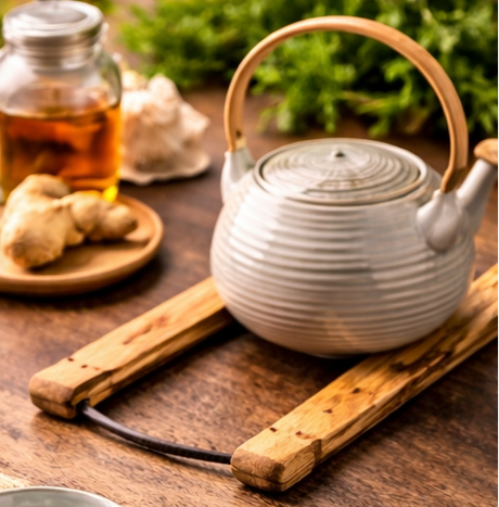 White ceramic teapot on a wooden stand with a glass of amber liquid and ginger root in the background.
