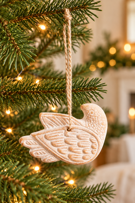 Whitewashed terracotta bird Christmas decoration hanging on a fir branch