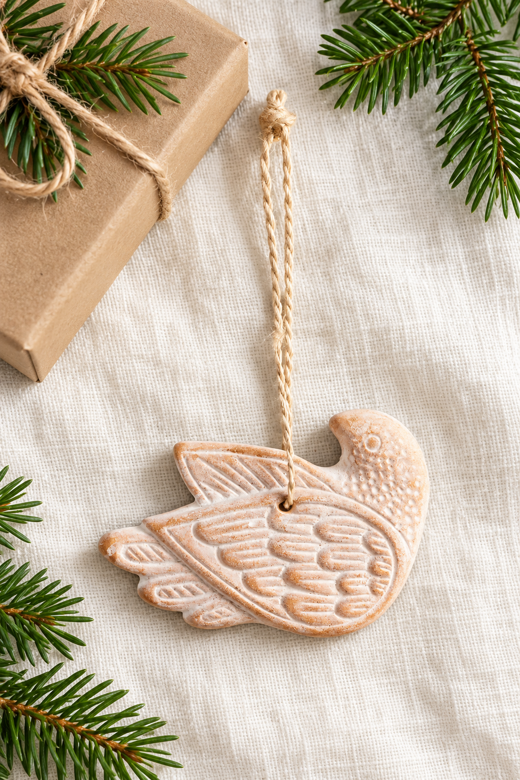 Handmade bird ornament with jute loop on a festive flat lay