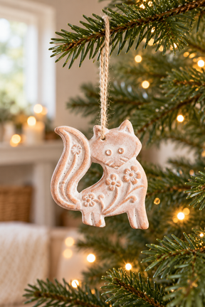 Whitewashed terracotta fox Christmas decoration hanging on a fir branch