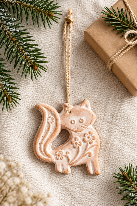 Terracotta fox ornament with jute loop on a festive flat lay