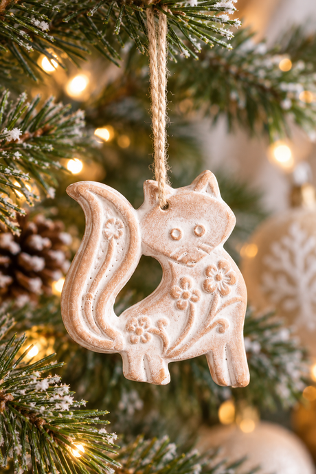 Close-up of whitewashed fox relief on a Christmas tree ornament