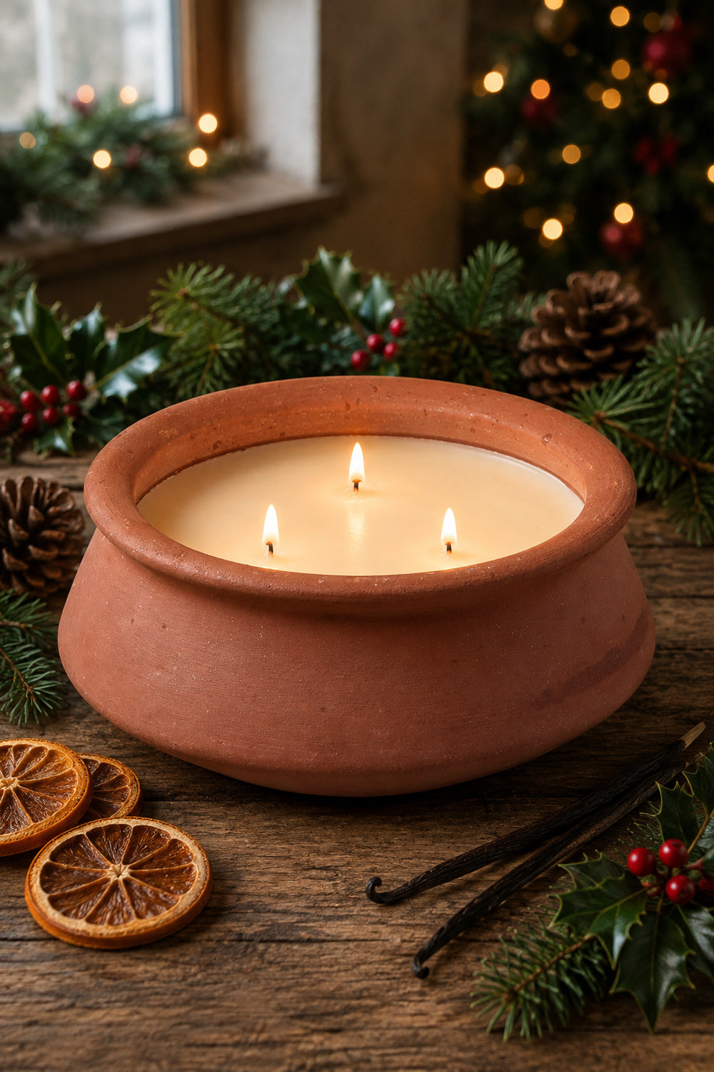 A terracotta clay candle holder with three lit wicks holding creamy off-white wax, styled on a rustic wooden table with dried orange slices, vanilla beans, holly, pinecones, and a blurred Christmas tree in the background.