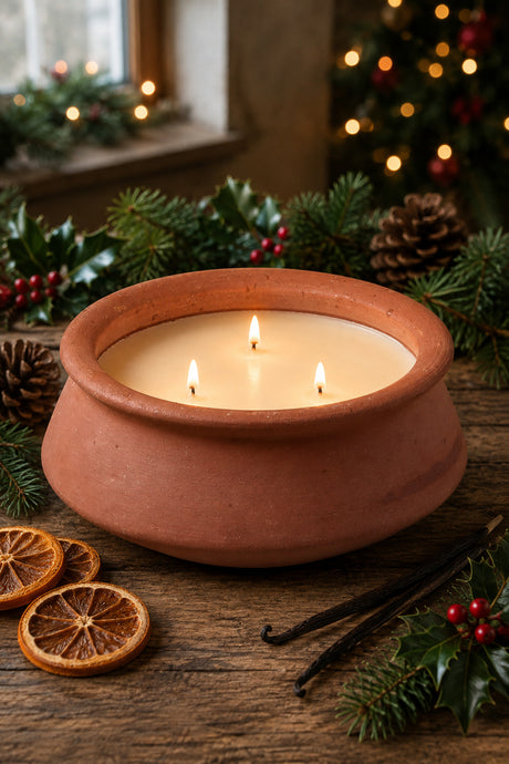 A terracotta clay candle holder with three lit wicks holding creamy off-white wax, styled on a rustic wooden table with dried orange slices, vanilla beans, holly, pinecones, and a blurred Christmas tree in the background.
