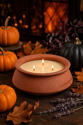 A terracotta clay candle holder with three lit candles, styled on a dark wooden table with autumn leaves, small pumpkins, and lavender sprigs.
