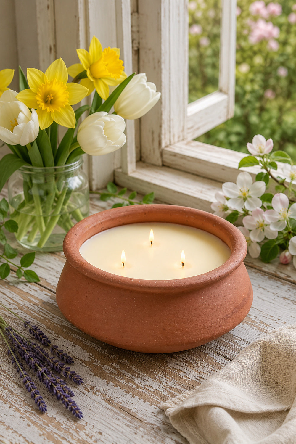 A terracotta clay candle holder with three lit candles sits on a rustic wooden windowsill, surrounded by yellow daffodils in a glass jar, white tulips, pink blossoms, lavender sprigs, and a beige cloth.