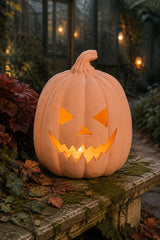 A carved orange jack-o'-lantern pumpkin with a glowing internal light sits on a stone bench outdoors, surrounded by autumn leaves and a softly blurred garden background.
