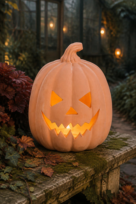 A carved orange jack-o'-lantern pumpkin with a glowing internal light sits on a stone bench outdoors, surrounded by autumn leaves and a softly blurred garden background.