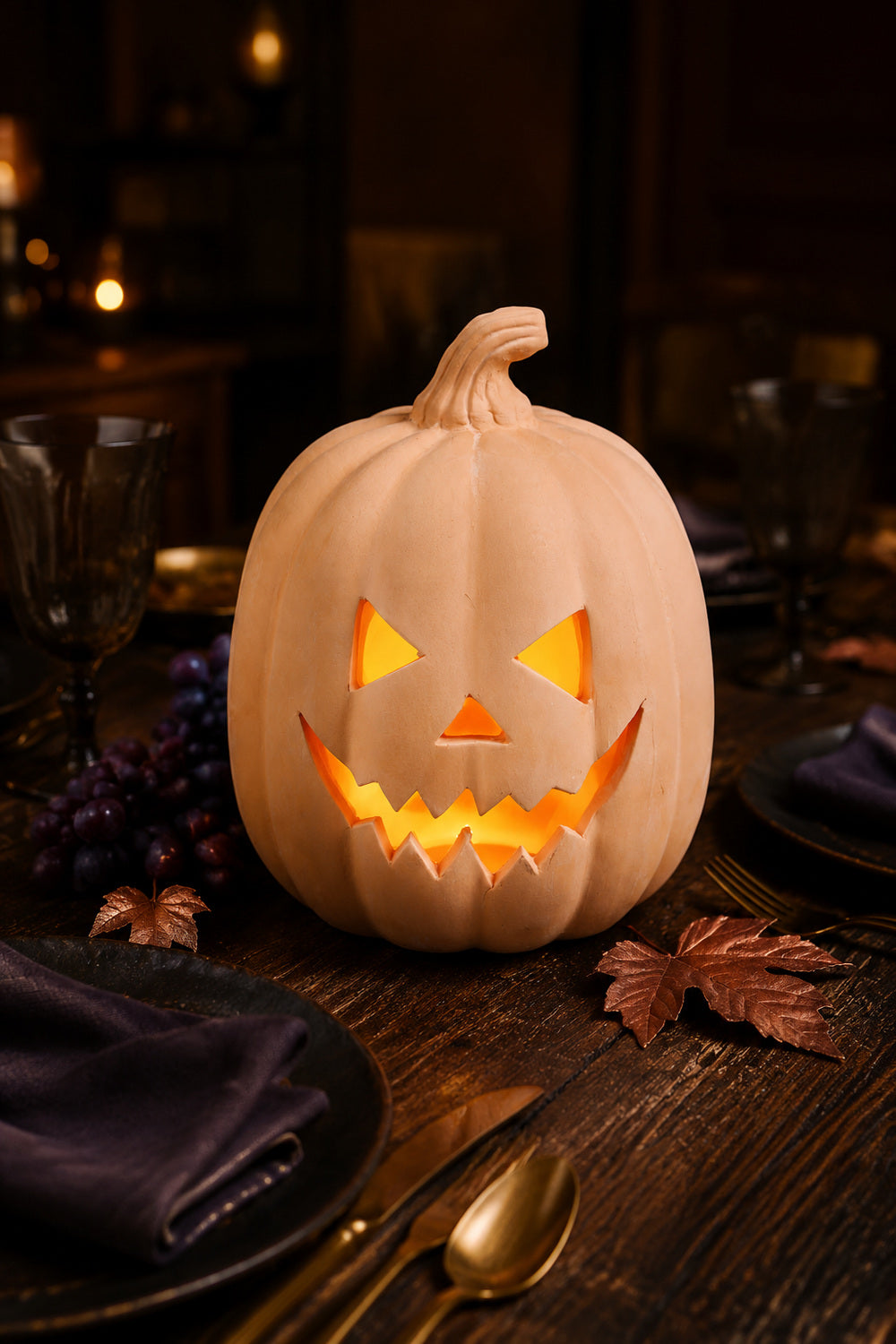 A carved pumpkin jack-o'-lantern with a warm orange glow inside, displayed on a dark wooden table surrounded by plates, napkins, grapes, and autumn leaves.