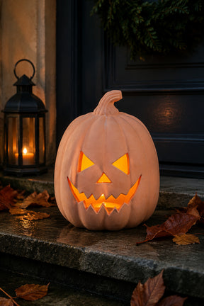 A carved jack-o'-lantern pumpkin with a glowing orange light inside, placed on a stone step beside a black lantern and autumn leaves.