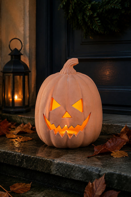A carved jack-o'-lantern pumpkin with a glowing orange light inside, placed on a stone step beside a black lantern and autumn leaves.