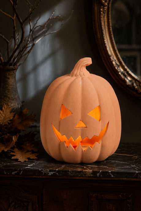 A carved orange jack-o'-lantern pumpkin with a glowing internal light, displayed on a dark marble surface in a dimly lit room with autumn leaves and a mirror in the background.