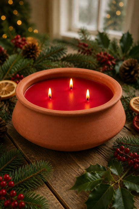 A terracotta-style bowl candle holder with three lit wicks filled with bright red wax, set on a rustic wooden surface surrounded by pine branches, holly leaves, red berries, and dried orange slices in a cozy holiday setting.