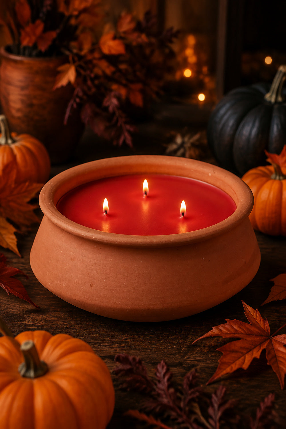 A terracotta-style bowl candle holder filled with red wax and three lit wicks, styled on a dark wooden surface with pumpkins, autumn leaves, and warm string lights in the background.