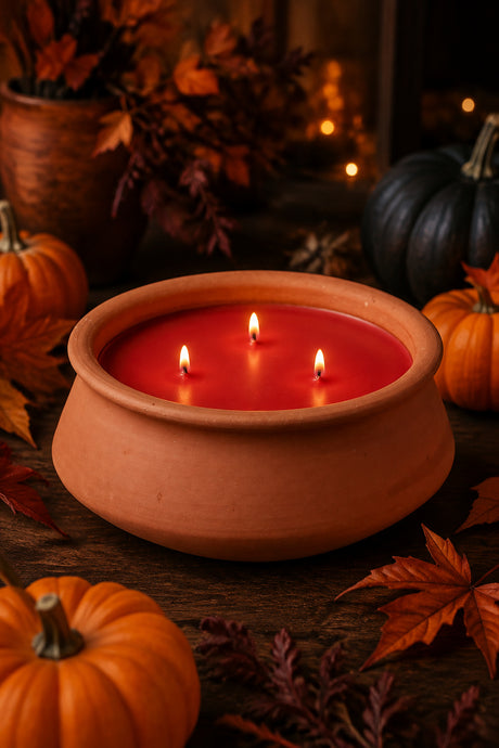 A terracotta-style bowl candle holder filled with red wax and three lit wicks, styled on a dark wooden surface with pumpkins, autumn leaves, and warm string lights in the background.