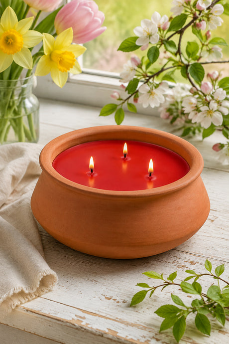 A terracotta clay candle holder with three lit candles filled with bright red wax, styled on a rustic white wooden table with flowers and green leaves in the background.