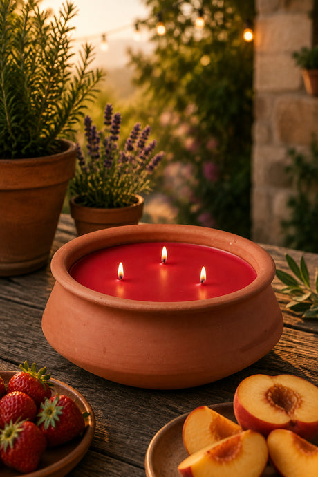 A terracotta clay candle holder filled with red wax and lit wicks, set on a rustic wooden table with strawberries, peach slices, potted plants, and a warm outdoor garden background at dusk.