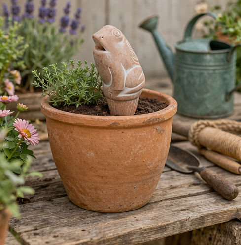 Terracotta pot with decorative frog watering spike, surrounded by gardening tools and plants on a wooden surface.