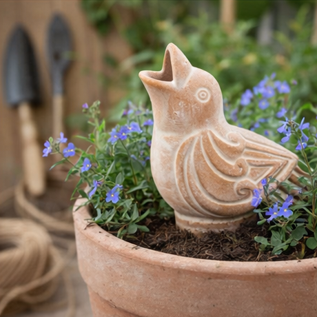 Terracotta Bird Plant Watering Spike Patterned