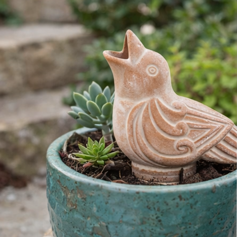 terracotta watering spike bird shaped